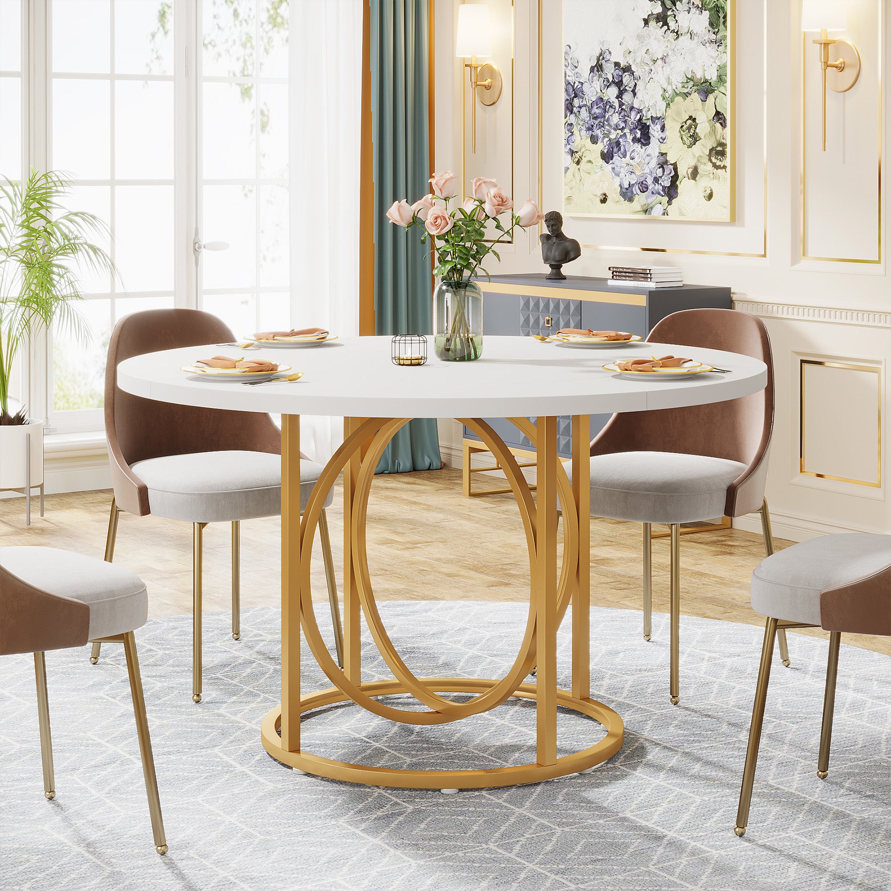 47" Round Dining Table with Metal Base for 4